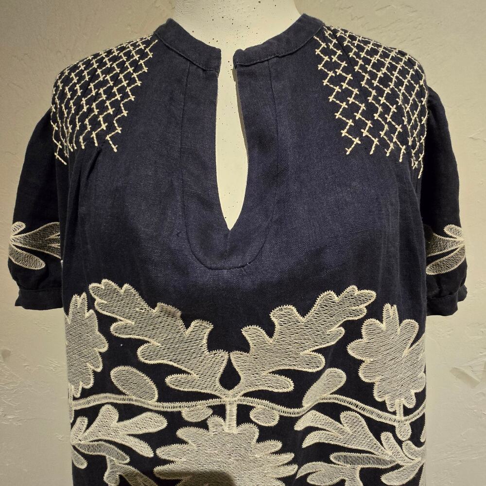 MAR Brazil Navy 100% Linen Embroidered Midi Shift Dress L Boho Mediterranean - Picture 4 of 10